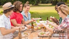  Presentation with lunch - Slide deck consisting of happy friends in the park background and a  colored foreground
