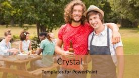  Presentation with happy barber client - Theme having happy friends in the park background and a  colored foreground