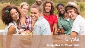  Presentation with lunch club - PPT layouts having happy friends in the park background and a coral colored foreground