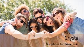  Presentation with selfie - PPT theme having happy friends in the park background and a coral colored foreground