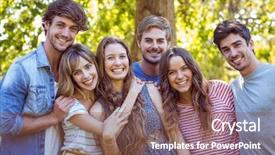  Presentation with park - Audience pleasing presentation theme consisting of happy friends in the park backdrop and a violet colored foreground