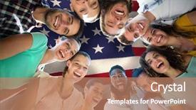  Presentation with america flag - Presentation theme consisting of happy friends in the park against united states of america flag background and a coral colored foreground