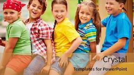  Presentation with camera - Beautiful PPT theme featuring happy friends looking at camera with smiles on playground backdrop and a gold colored foreground