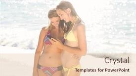  Presentation with smartphone - Slides having happy-friends-looking-at-smartphone background and a  colored foreground