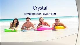  Presentation with mattress - PPT theme enhanced with happy friends lying on inflatable mattress above the water at the beach background and a sky blue colored foreground