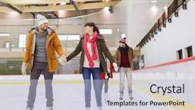 Presentation with friendship - Audience pleasing PPT layouts consisting of happy friends on skating rink backdrop and a light blue colored foreground