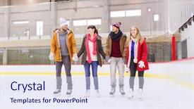  Presentation with friendship - PPT theme enhanced with happy friends on skating rink background and a sky blue colored foreground