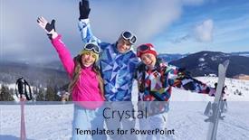  Presentation with ski - Cool new PPT theme with happy friends on ski piste at snowy resort winter vacation backdrop and a light blue colored foreground