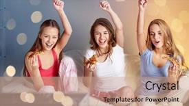  Presentation with junk food - PPT theme consisting of happy friends or teenage girl background and a coral colored foreground