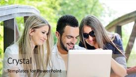  Presentation with friends - Presentation with happy friends outdoor with laptop background and a coral colored foreground