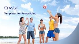  Presentation with shells beach summer holiday - Presentation with happy friends playing beach ball background and a sky blue colored foreground