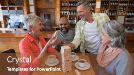  Presentation with coffee cup - Beautiful presentation theme featuring happy-friends-playing-jenga-game backdrop and a red colored foreground
