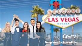  Presentation with las vegas sign - Slide deck with happy friends posing with party background and a teal colored foreground
