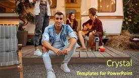  Presentation with picnic - PPT theme enhanced with happy-friends-resting-near-rv background and a tawny brown colored foreground