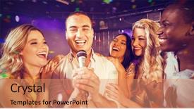  Presentation with flying - Slides enhanced with happy friends singing at karaoke background and a coral colored foreground