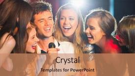  Presentation with together - Audience pleasing PPT layouts consisting of happy friends singing karaoke together backdrop and a coral colored foreground