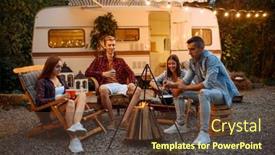  Presentation with campfire - Cool new PPT layouts with happy-friends-sitting-near-campfire backdrop and a tawny brown colored foreground
