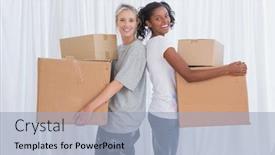  Presentation with friends - Cool new PPT theme with happy friends standing back to back holding moving boxes looking at camera backdrop and a light blue colored foreground