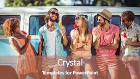  Presentation with happy camper - Audience pleasing slides consisting of happy friends standing with ice backdrop and a coral colored foreground