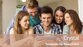  Presentation with diversity students friends happiness concept - Audience pleasing presentation design consisting of happy friends students using tablet backdrop and a coral colored foreground