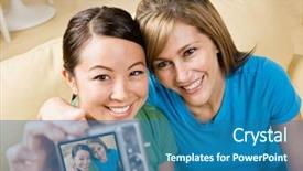  Presentation with digital self - PPT theme having happy friends taking self-portrait with digital camera background and a ocean colored foreground