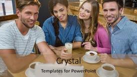  Presentation with selfie - Beautiful PPT theme featuring happy friends taking selfie on mobile phone while having coffee in caf backdrop and a coral colored foreground