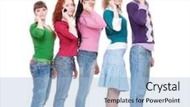  Presentation with queue - Beautiful PPT theme featuring several modern mobile phones - happy friends talking by phone backdrop and a light blue colored foreground
