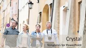  Presentation with eco friendly city - Presentation theme having happy friends talking while walking background and a soft green colored foreground