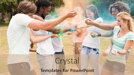  Presentation with paint powder - Colorful slide deck enhanced with happy friends throwing powder paint on a sunny day backdrop and a coral colored foreground