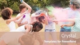  Presentation with paint powder - Amazing PPT layouts having happy friends throwing powder paint on a sunny day backdrop and a coral colored foreground