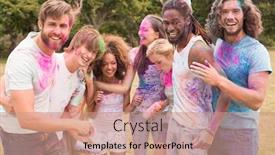  Presentation with paint powder - Colorful PPT theme enhanced with happy friends throwing powder paint on a sunny day backdrop and a coral colored foreground