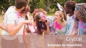  Presentation with paint powder - Slide deck consisting of happy friends throwing powder paint on a sunny day background and a coral colored foreground