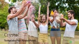  Presentation with paint powder - Theme consisting of happy friends throwing powder paint on a sunny day background and a coral colored foreground