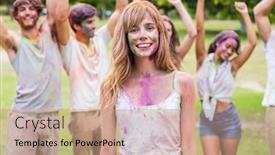  Presentation with paint powder - Audience pleasing PPT theme consisting of happy friends throwing powder paint on a sunny day backdrop and a coral colored foreground