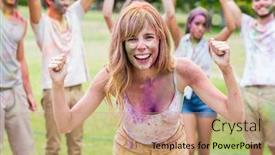  Presentation with paint powder - Presentation design featuring happy friends throwing powder paint on a summer day background and a coral colored foreground