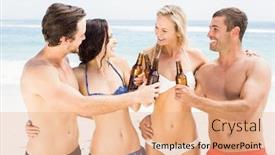  Presentation with toasting - Beautiful PPT theme featuring happy friends toasting beer bottles on the beach on a sunny day backdrop and a coral colored foreground