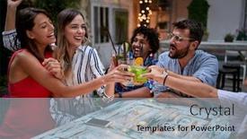  Presentation with toasting - Audience pleasing theme consisting of happy-friends-toasting-with-female backdrop and a light gray colored foreground