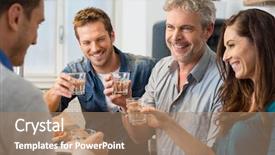  Presentation with toasting - Beautiful presentation theme featuring happy friends toasting with wine glasses at home backdrop and a coral colored foreground