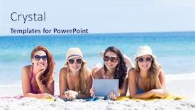  Presentation with friends - PPT theme with happy friends wearing sun glasses and using tablet at the beach background and a sky blue colored foreground