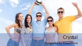  Presentation with happy holidays - Cool new theme with happy friends with beach ball backdrop and a  colored foreground