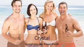  Presentation with bottles - Slide deck featuring happy friends with beer bottles standing together on the beach on a sunny day background and a coral colored foreground