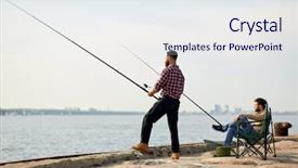  Presentation with sea fishing - Cool new PPT theme with happy friends with fishing rod backdrop and a sky blue colored foreground