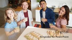  Presentation with man looking up happy - Theme featuring happy friends with homemade lemonade looking at camera while having fun background and a coral colored foreground