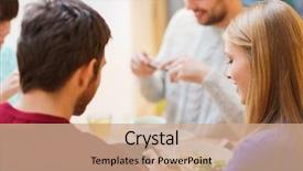  Presentation with friendship - Beautiful presentation design featuring happy friends with smartphones meeting backdrop and a coral colored foreground