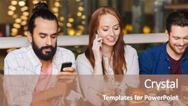  Presentation with smartphones - Amazing presentation theme having happy friends with smartphones at restaurant backdrop and a coral colored foreground