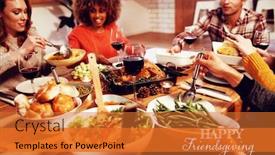  Presentation with millennial - Presentation design consisting of happy friendsgiving against millennial adult friends celebrating thanksgiving together at home background and a gold colored foreground