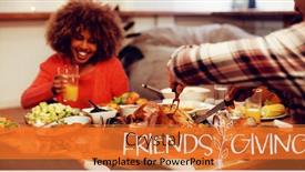  Presentation with millennial - Beautiful presentation design featuring happy friendsgiving against millennial adult friends celebrating thanksgiving together at home backdrop and a red colored foreground