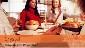  Presentation with millennial - Presentation design with happy friendsgiving against millennial adult friends celebrating thanksgiving together at home background and a coral colored foreground