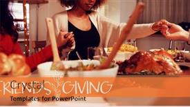  Presentation with millennial - Slide set having happy friendsgiving against millennial adult friends celebrating thanksgiving together at home background and a coral colored foreground