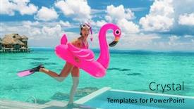  Presentation with luxury resort - Beautiful slide deck featuring happy-fun-beach-vacation-woman backdrop and a seafoam green colored foreground